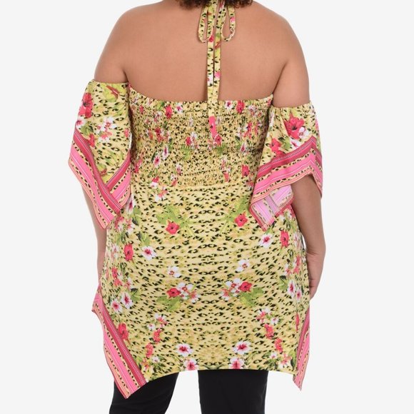 NWT! N Y Collection Womens Cold Shoulder Elastic Smocked Top, Yellow Floral, 2XL - Picture 2 of 14